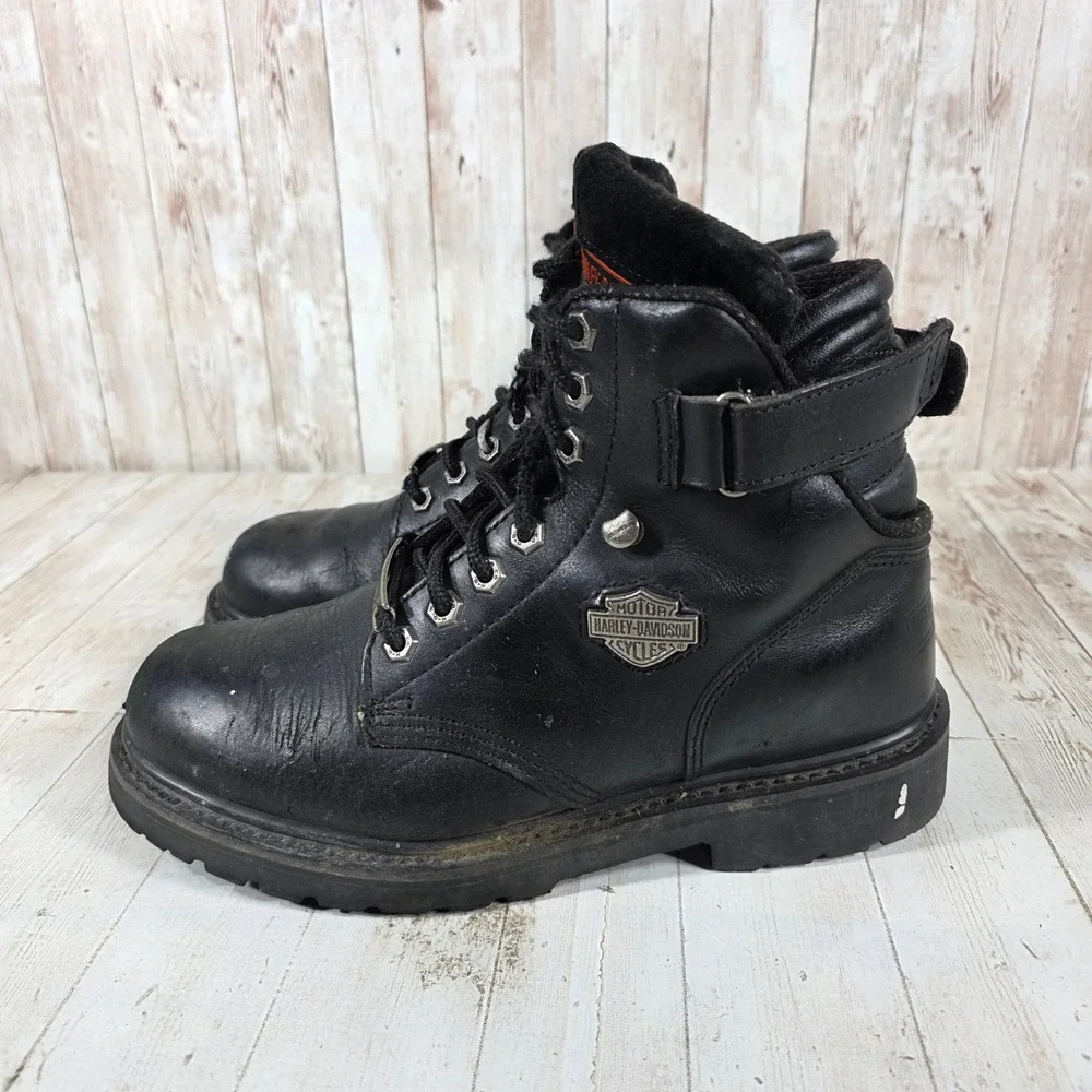 Harley Davidson Mens Black Leather Biker Boots Lace Up Ankle Strap 8.5 Wide Wide